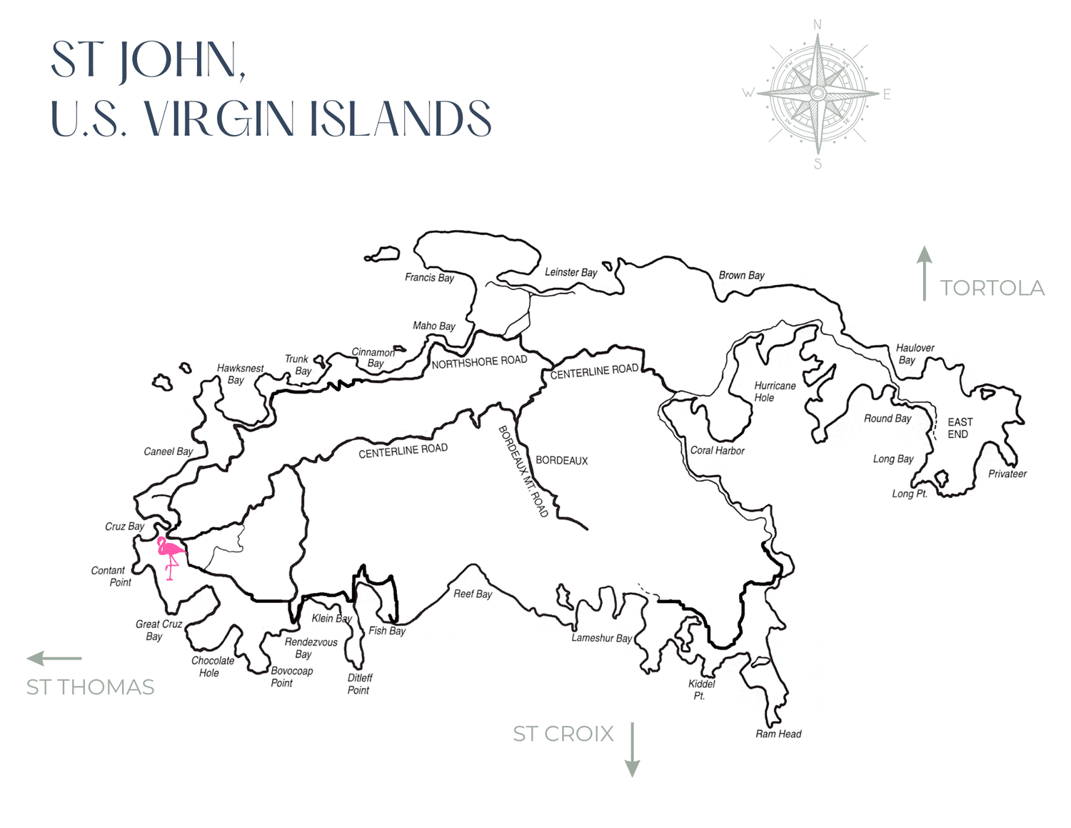 Map of St John showing The Flamingo House above Cruz Bay